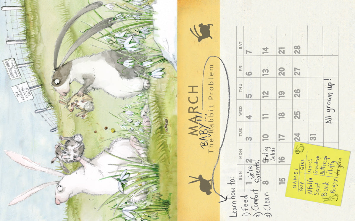 Calendar with illustration of bunnies in a field and text 'March Baby'.