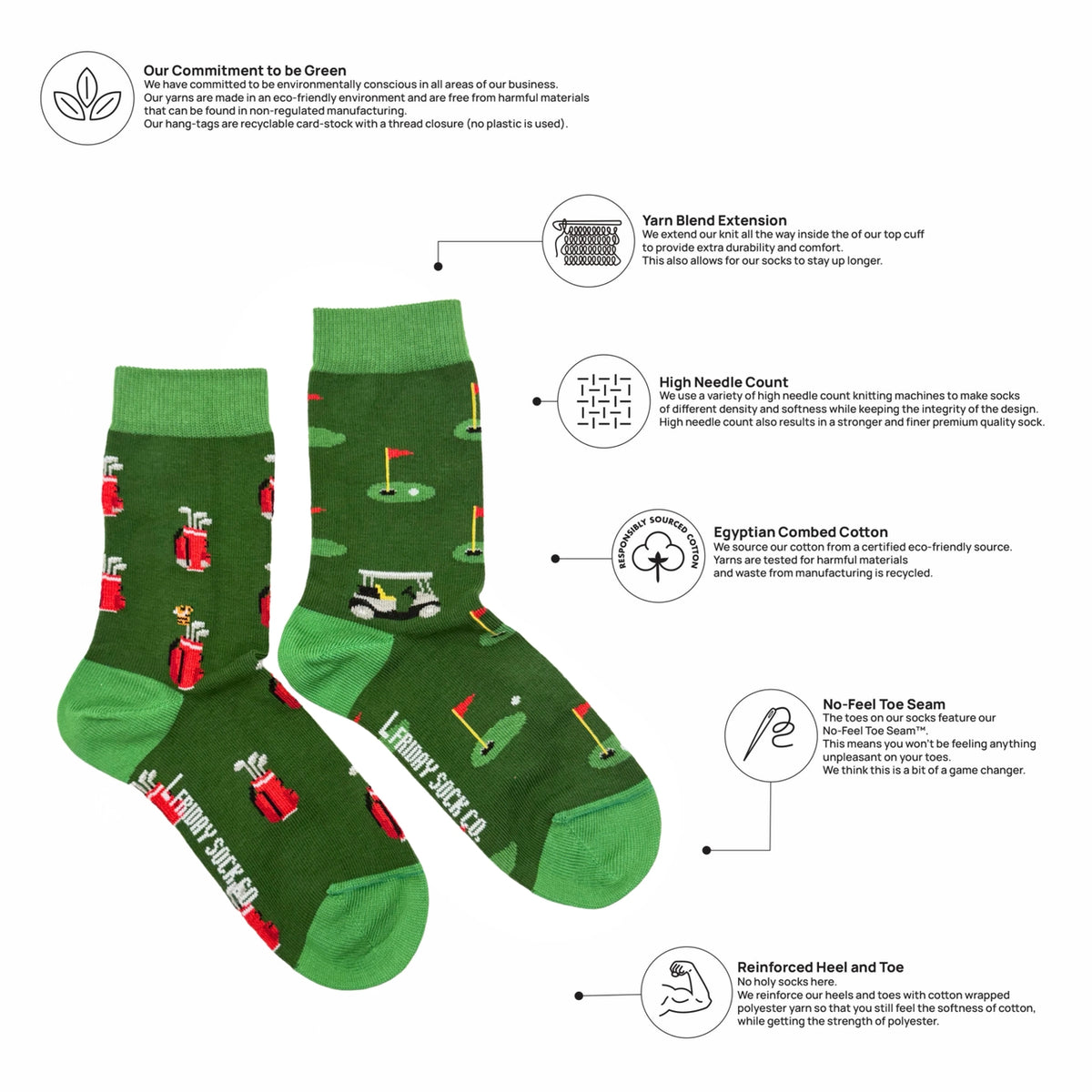 A pair of green crew socks with red and white illustrations of classic cars, shown on a white background with informational callouts and text about the product's features and materials.