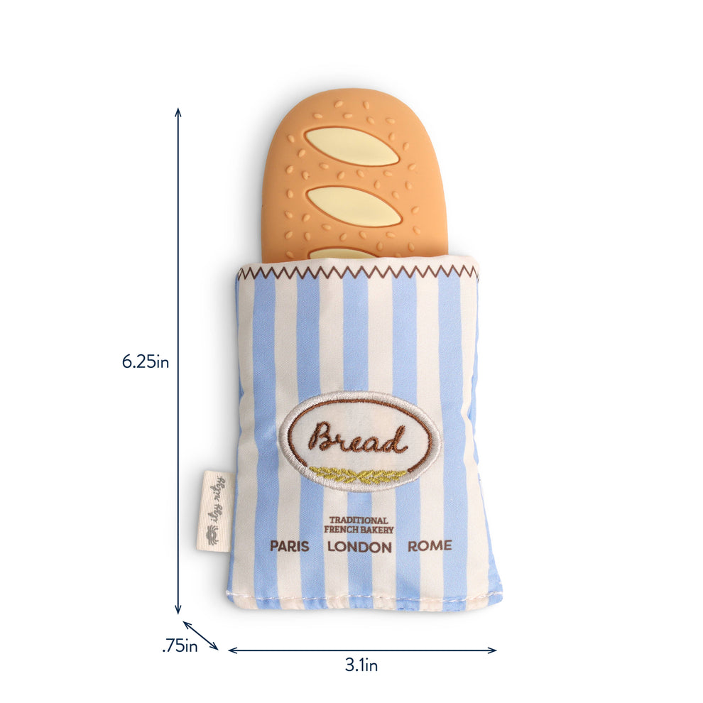 Toy bread with a striped bag labeled 'Bread' and dimensions indicated.