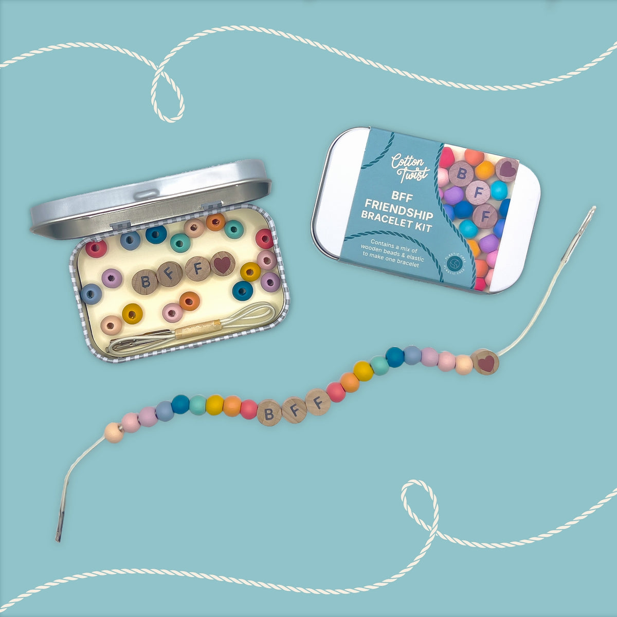 BFF friendship bracelet kit with colorful beads and a tin on a light blue background