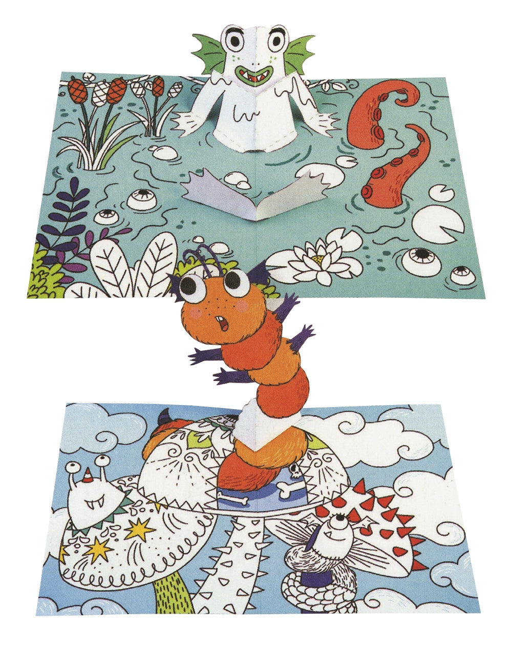 Two colorful illustrations of cartoon characters on a white background