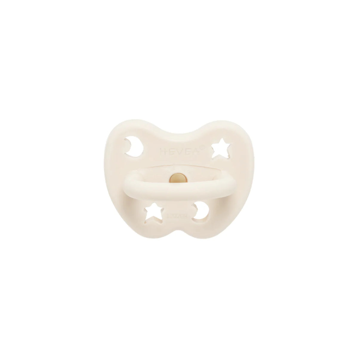 White baby pacifier with star and moon designs on a white background