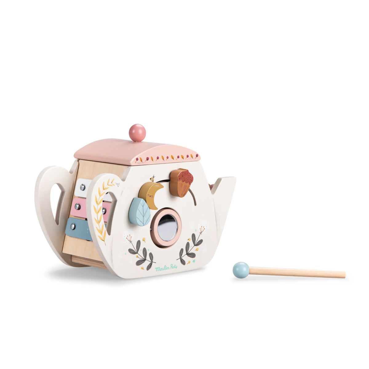 Children's wooden teapot with a pull handle on a white background