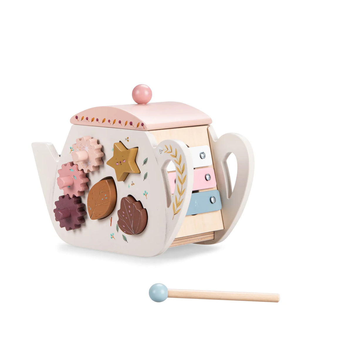 Wooden teapot-shaped xylophone with colorful wooden blocks on a white background