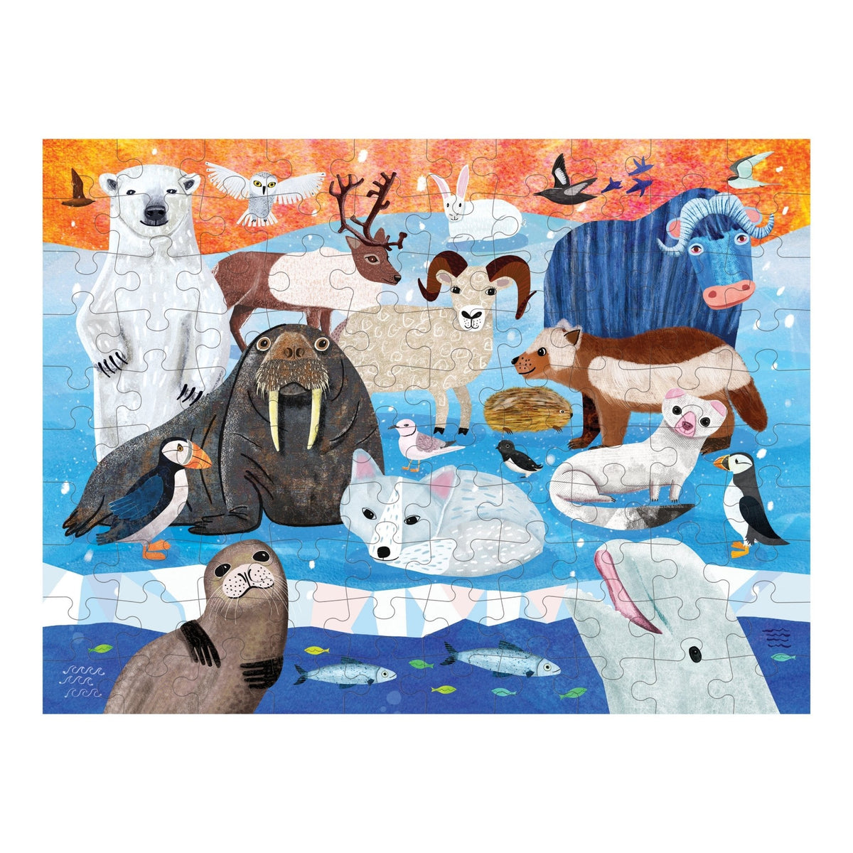 In-progress Mudpuppy Arctic Above & Below 100 Piece Double-Sided Puzzle showing an illustrated arctic land and sea scene with animals including a polar bear, walrus, seal, arctic fox, and puffins.