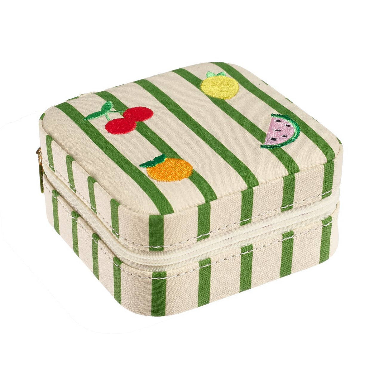 Green and white striped jewelry box with fruit designs on a white background