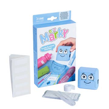 Blue and white packaging of a product with a smiley face design on a white background