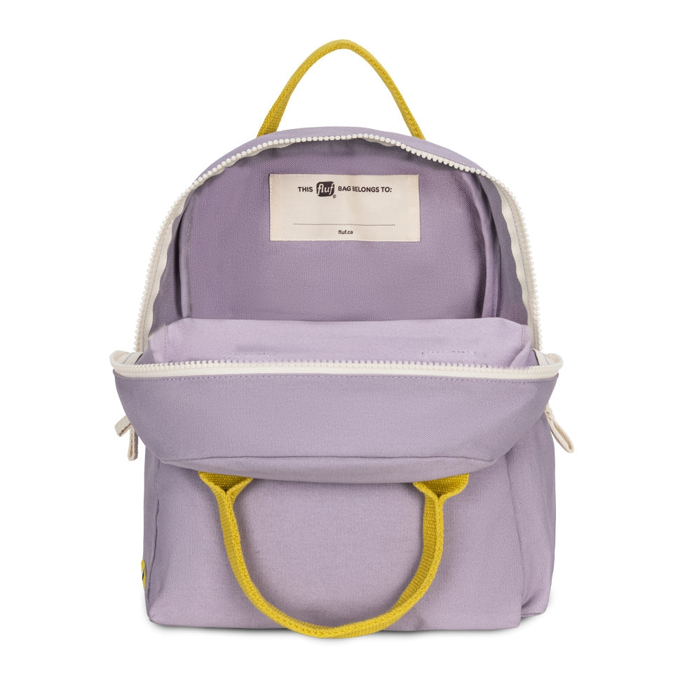 A lavender purple canvas backpack with bright yellow handles and white zipper trim, shown open against a plain white background.