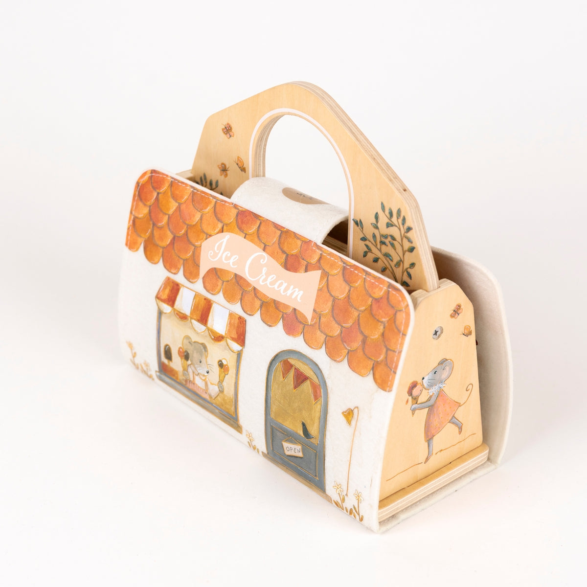 Cardboard house-shaped bag with cute illustrations on a white background