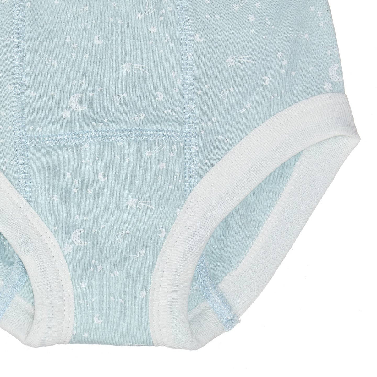 Light blue baby onesie with white trim and subtle pattern on a light gray background