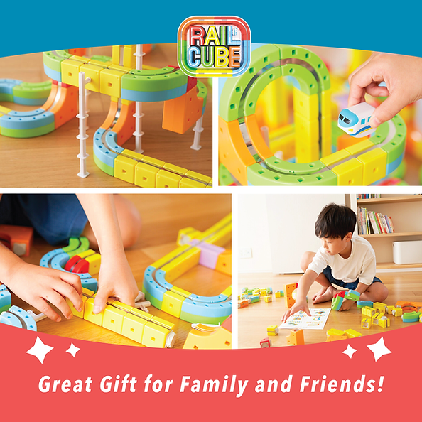 Colorful toy train track set with children playing, featuring the brand 'Rail Cube'.