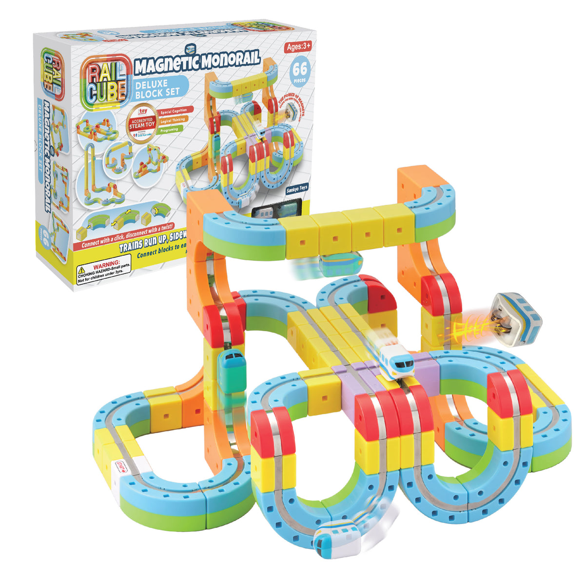 A colorful magnetic monorail toy set with its retail box, featuring a white train on looping tracks made of bright blue, yellow, orange, and red blocks.