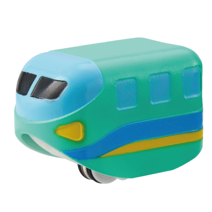 Toy train with green and blue colors on a white background