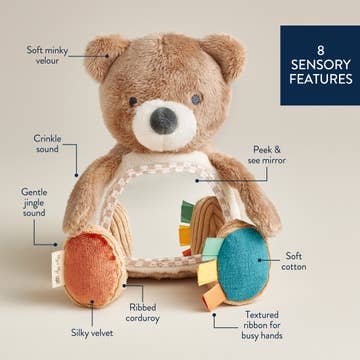 Teddy bear toy with labeled sensory features on a beige background