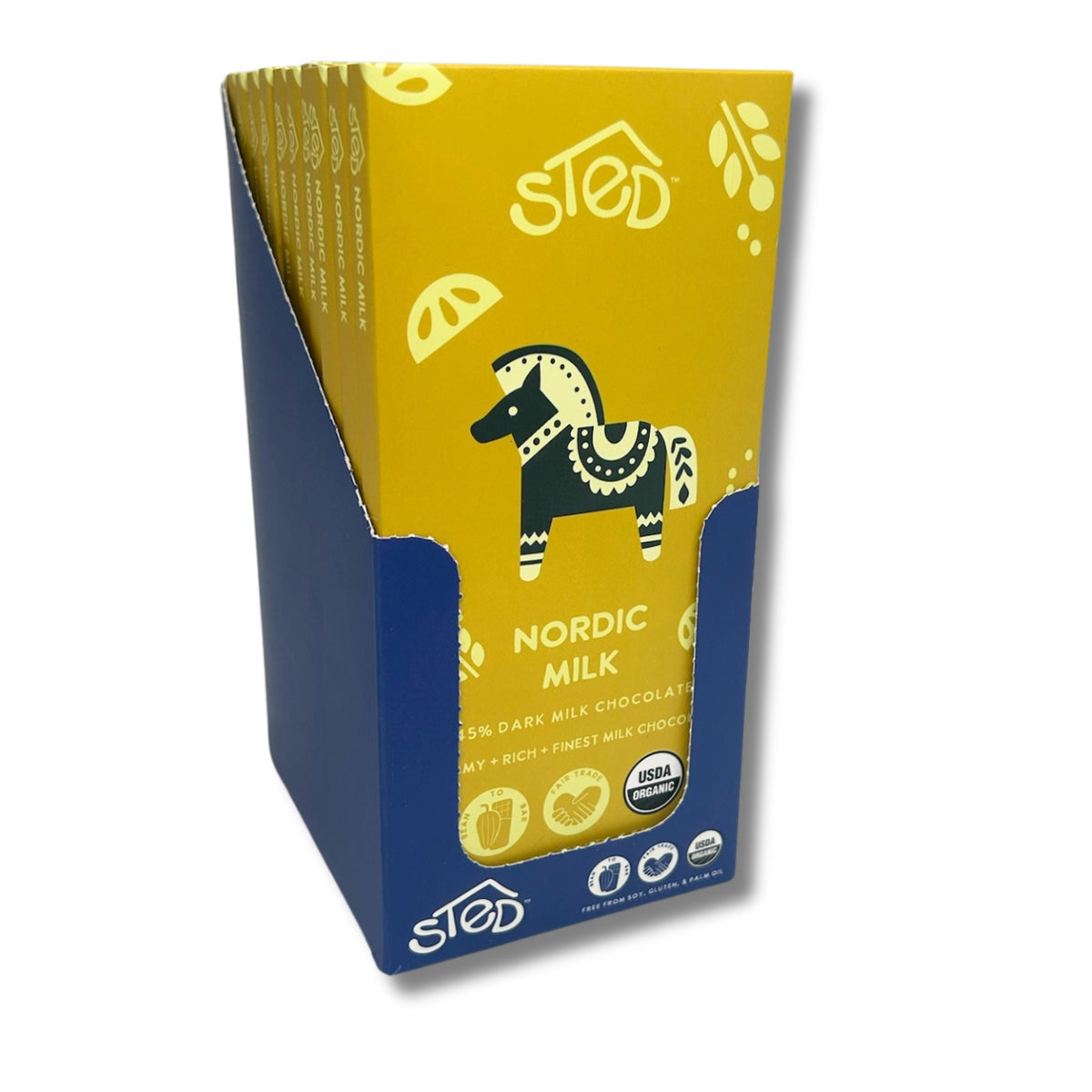 Display stand with yellow and blue packaging featuring a horse illustration and 'STED' branding.