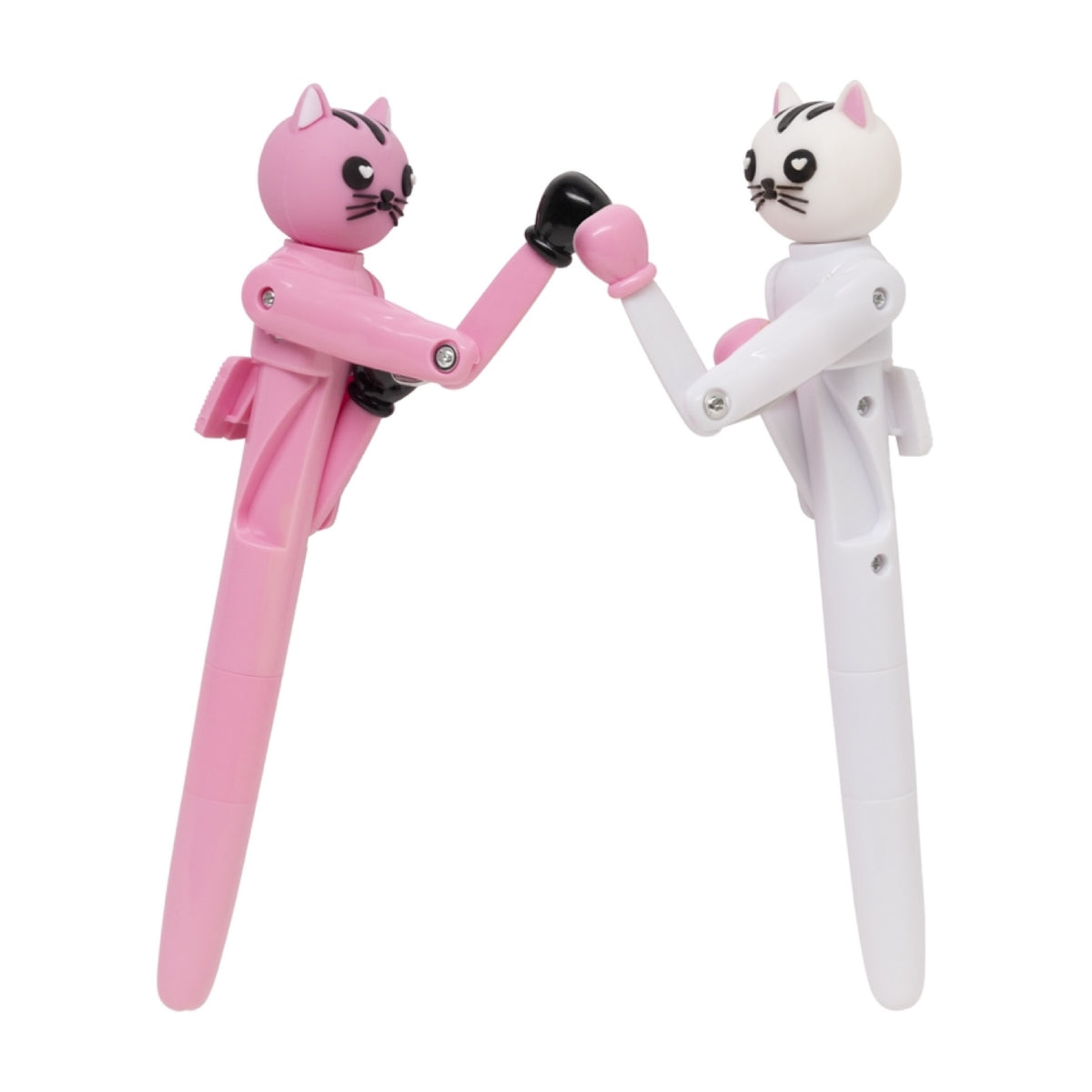 Two cat-shaped pens, one pink and one white, on a white background