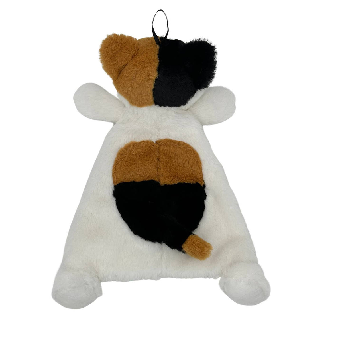Plush toy with a white body, brown and black patches on a white background