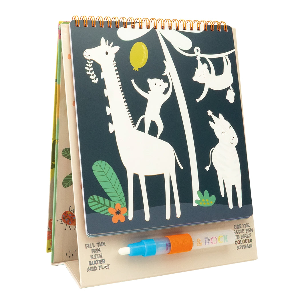 Children's coloring book with animal illustrations and a pen on a white background