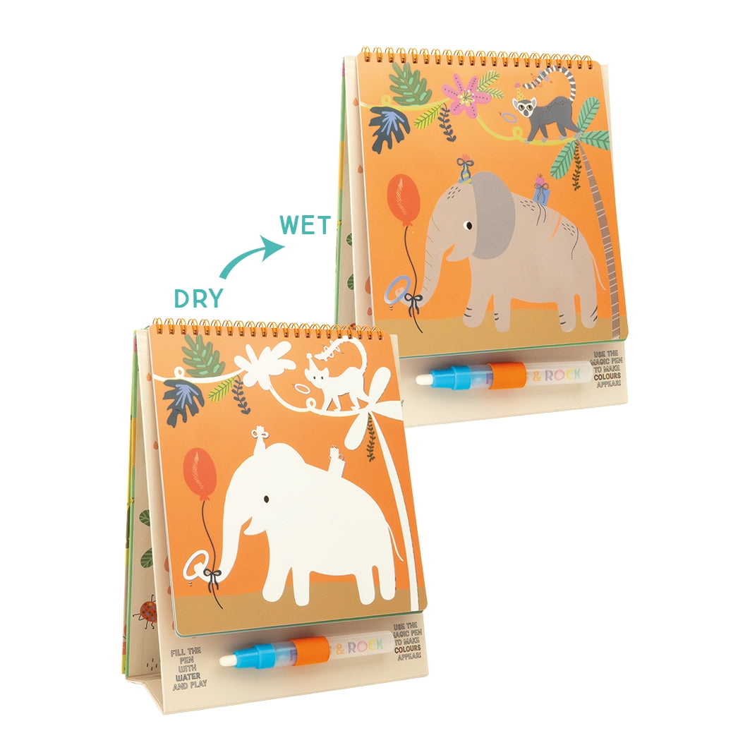 Two notebooks with elephant illustrations and markers on a white background