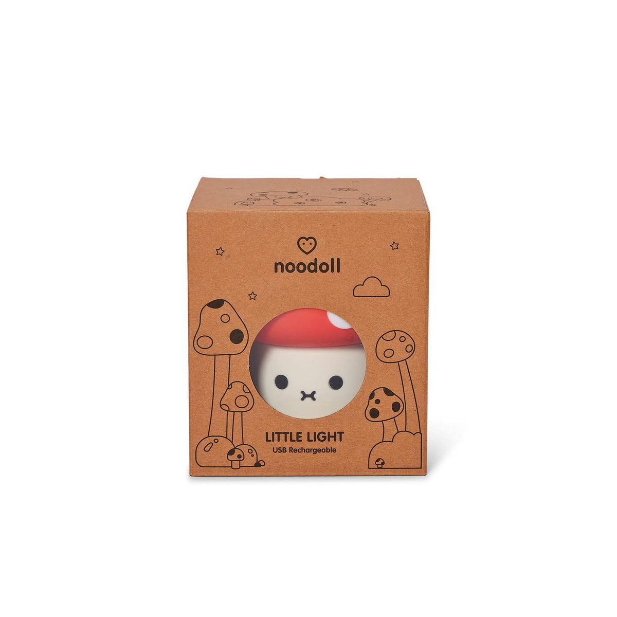 Brown cardboard box with a small round light and 'noodoll' branding on a white background