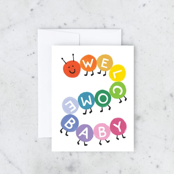 Colorful caterpillar-shaped card with 'Well New Baby' text on a white background