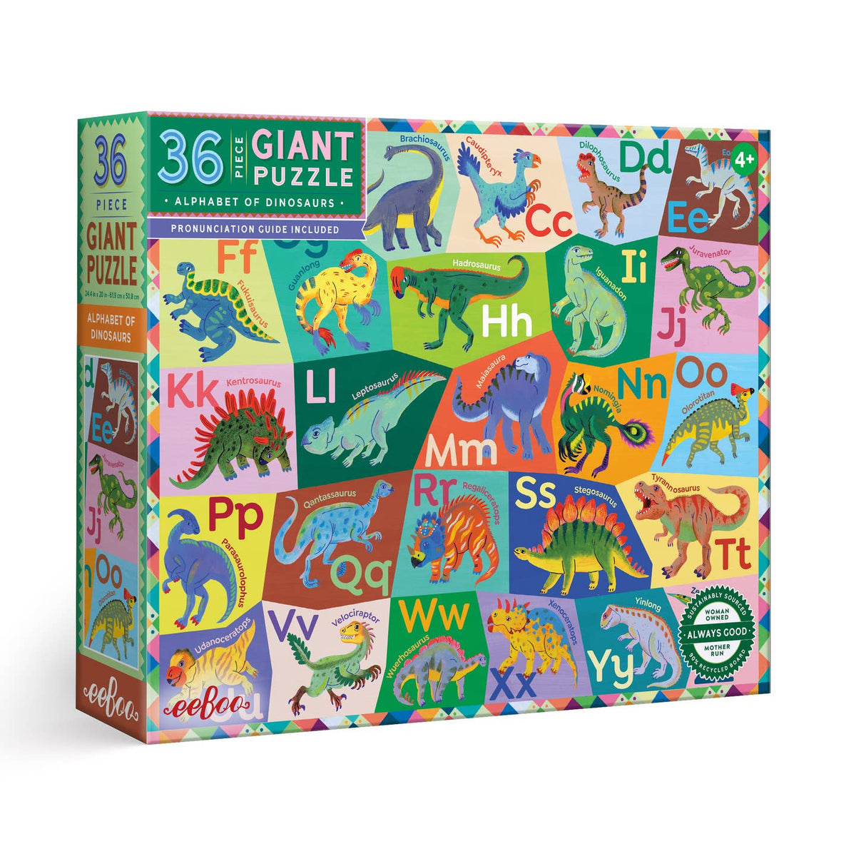 A 36-piece jigsaw puzzle box titled 'Alphabet of Dinosaur' by Clippy's Creations, featuring a colorful grid of dinosaur illustrations corresponding to each alphabet letter.