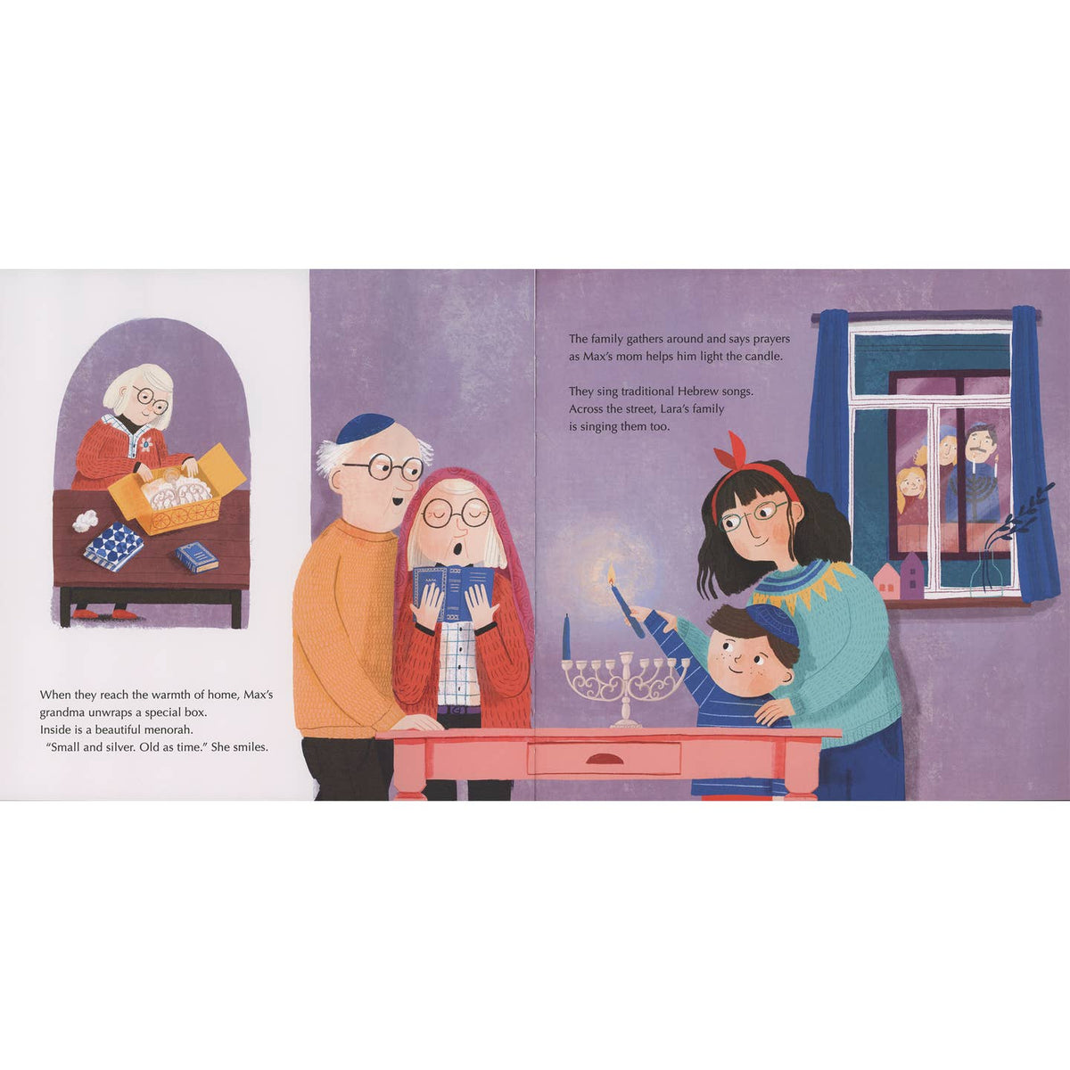 Illustrated book page showing a family gathered around a table with a menorah, singing and celebrating.