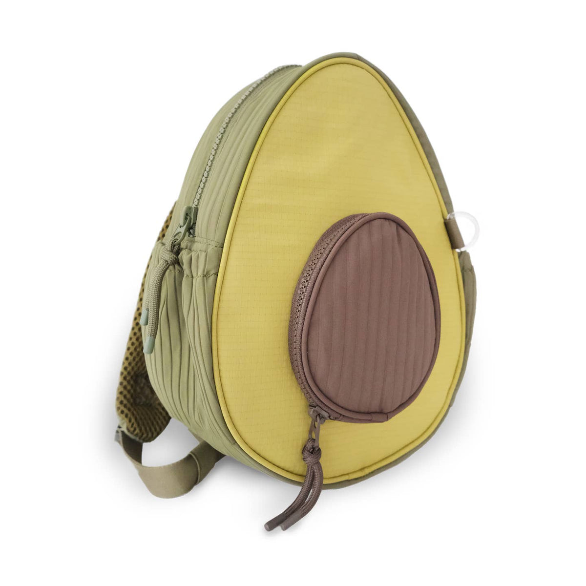 Avocado-shaped backpack with green and brown colors on a white background