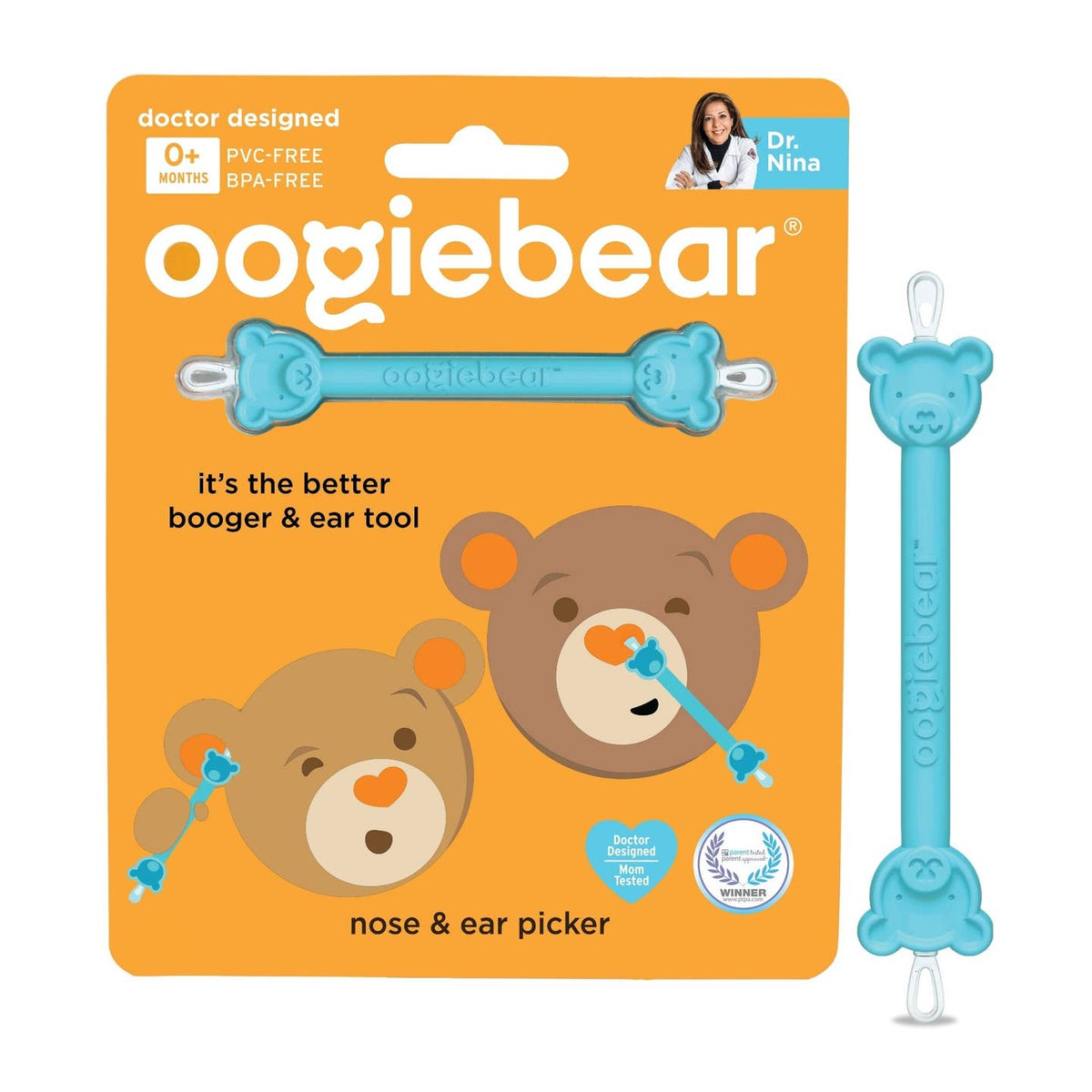Oogiebear nose and ear picker with packaging on an orange background
