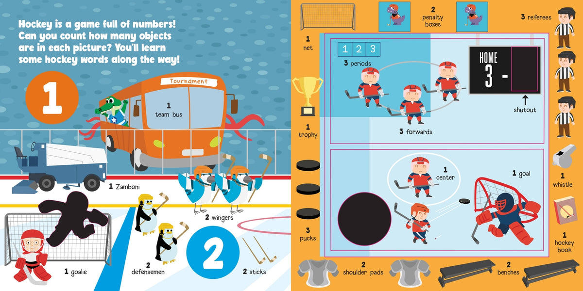 A colorful children's educational poster about hockey, showing illustrated scenes of players on an ice rink with numbered callouts and a vocabulary grid listing hockey terms such as puck, goalie, skates, and goals.