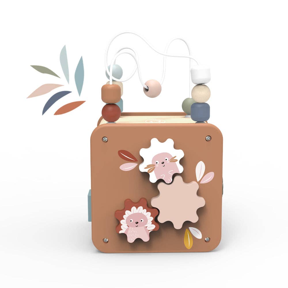 Wooden toy with beads and animal-shaped blocks on a white background