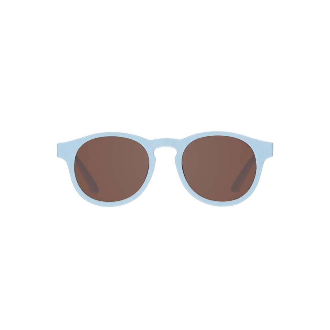 Sunglasses with blue frame and brown lenses on a white background
