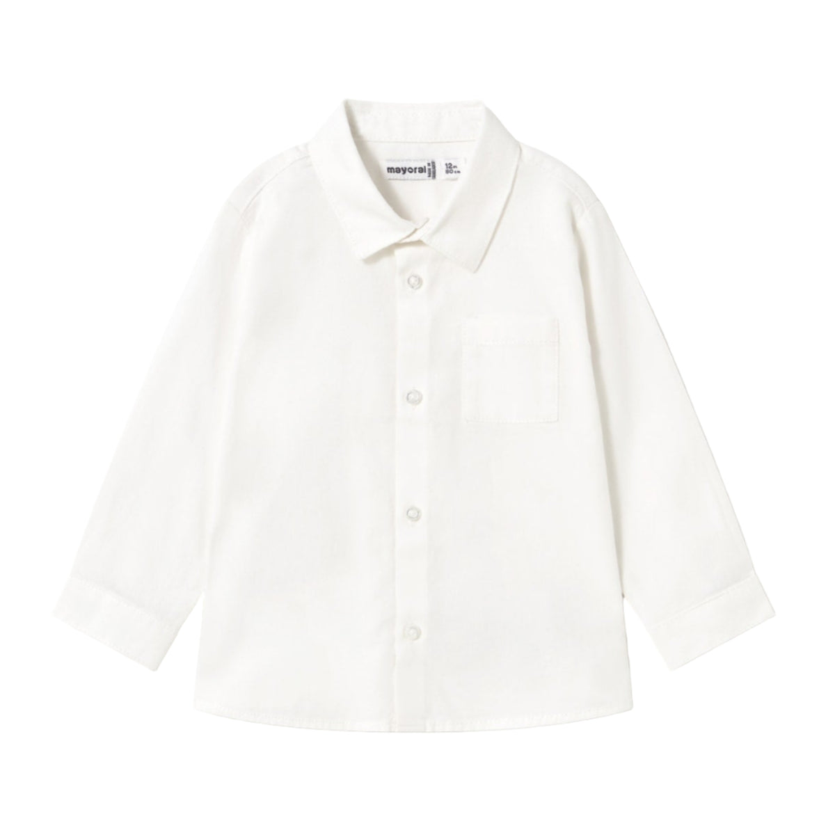 White shirt with a brand label on a white background