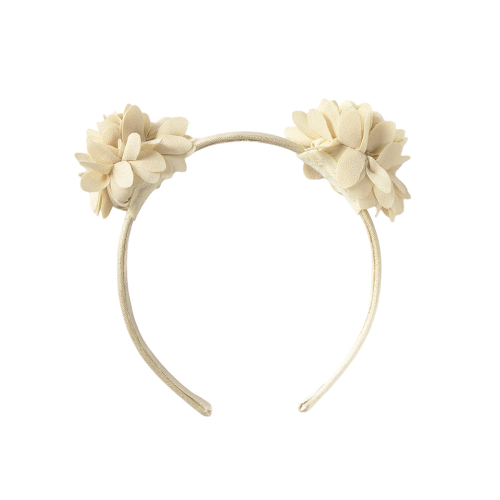 A cream-colored fabric headband featuring two large, layered flower decorations on each side, set against a plain white background.