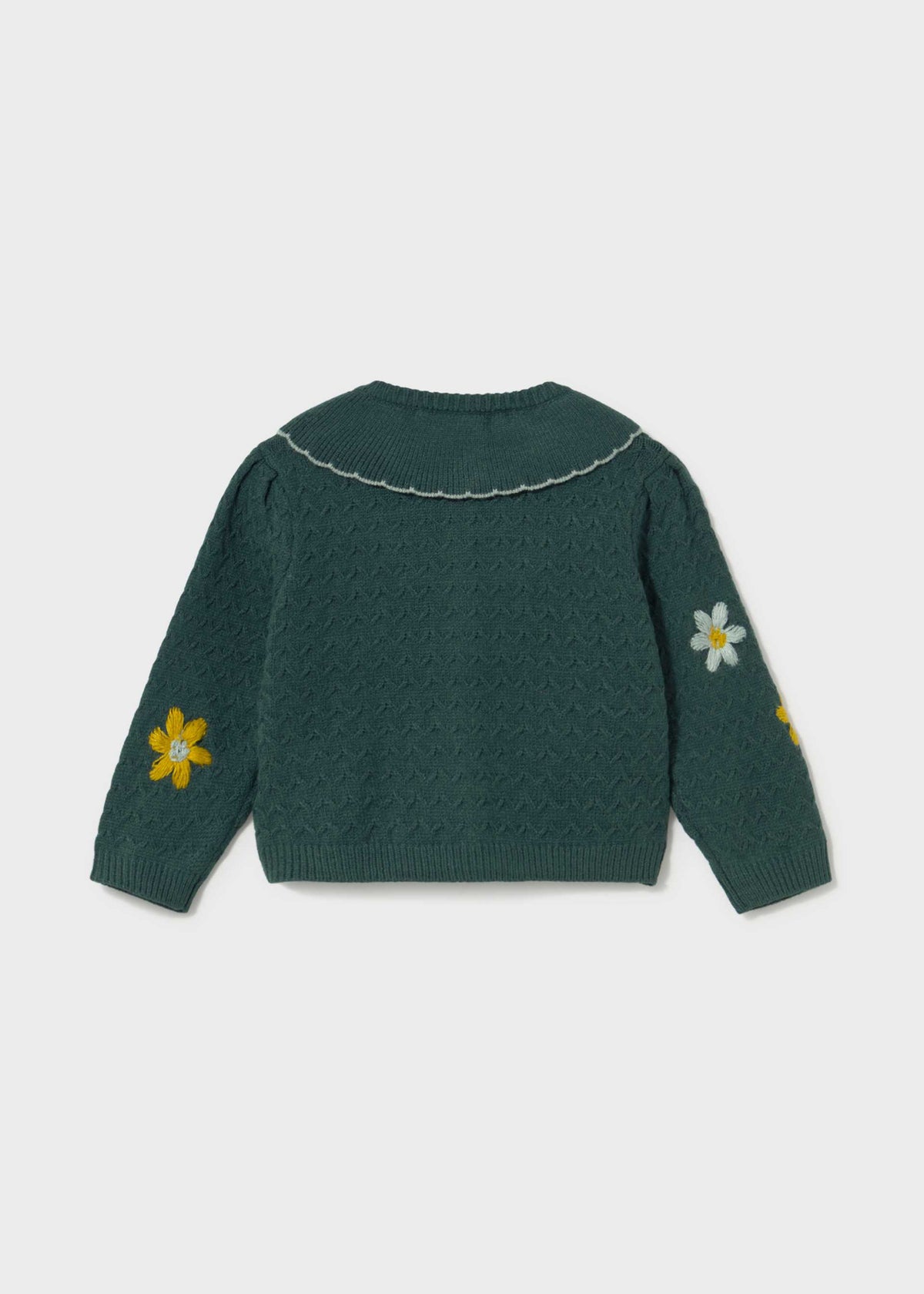A dark green knit sweater shown from the back, featuring a scalloped collar, textured knit pattern, and embroidered daisy flowers on the sleeves against a light gray background.