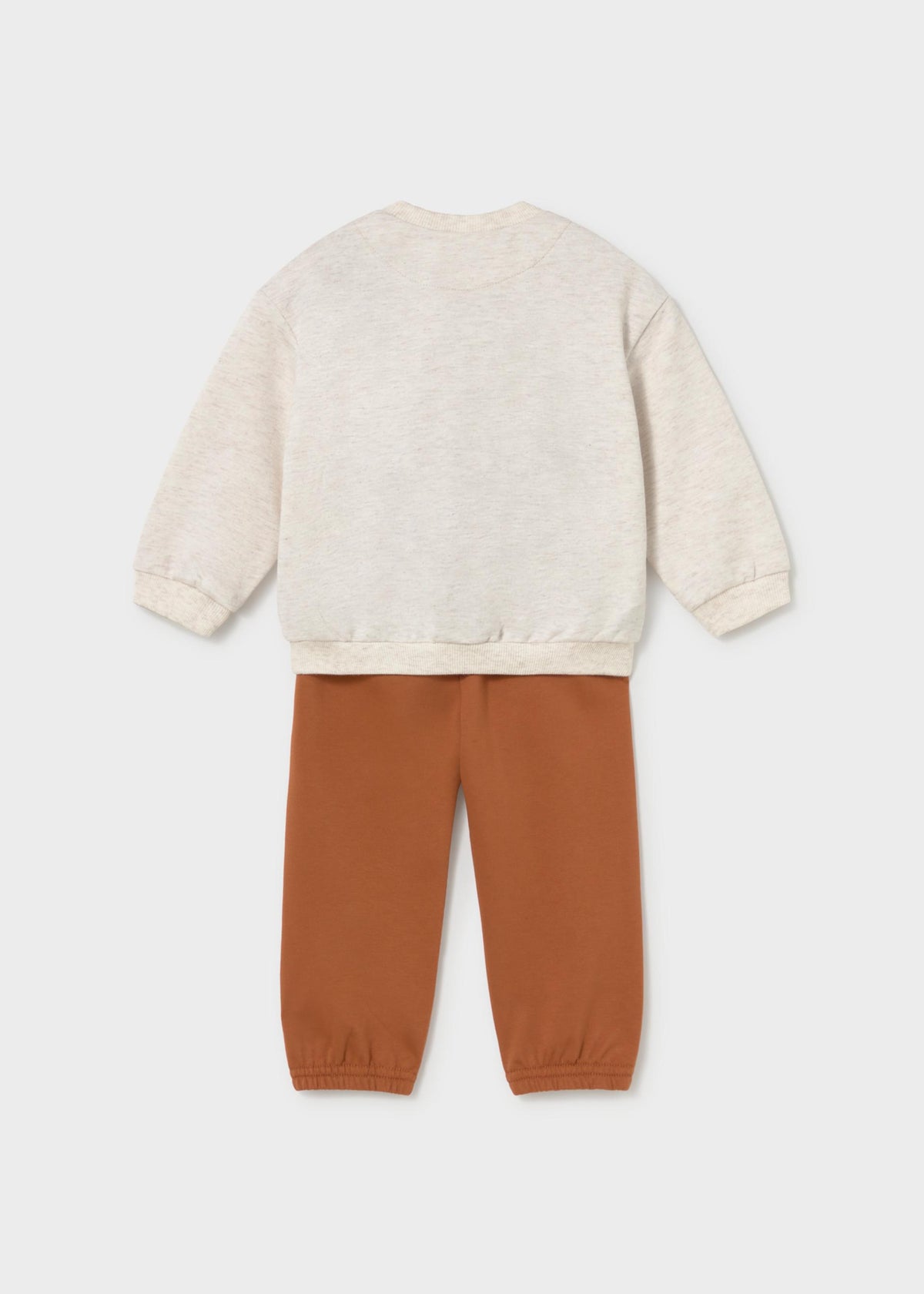 A two-piece children's outfit set featuring a long-sleeve crewneck sweatshirt in a light oatmeal cream color and matching jogger pants in a warm rust orange, shown from the back on a light gray background.
