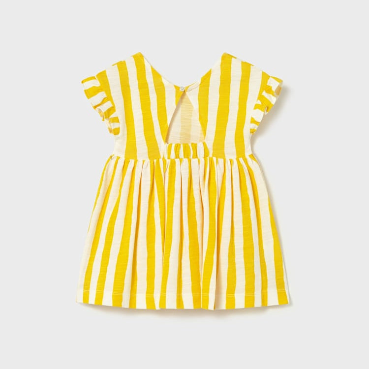 Yellow and white striped dress with ruffled sleeves on a light gray background