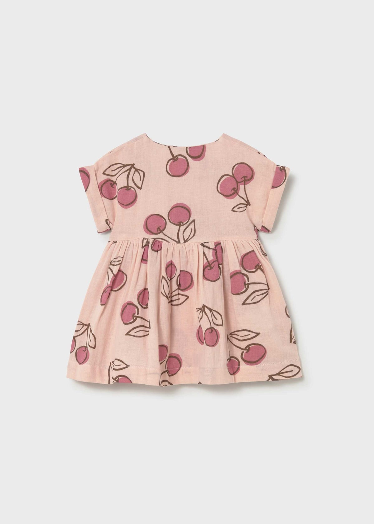 Pink dress with cherry pattern on a light gray background