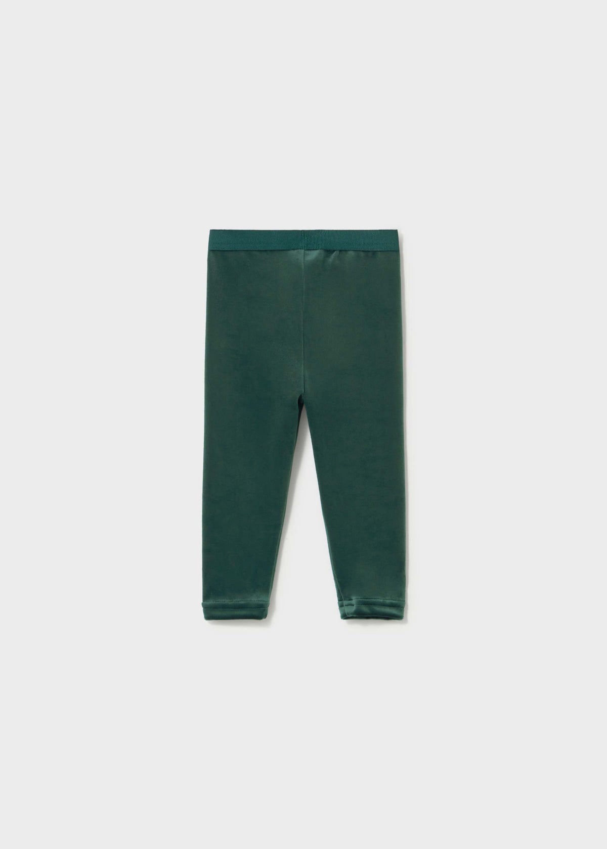 A pair of dark forest green leggings laid flat against a light gray background.