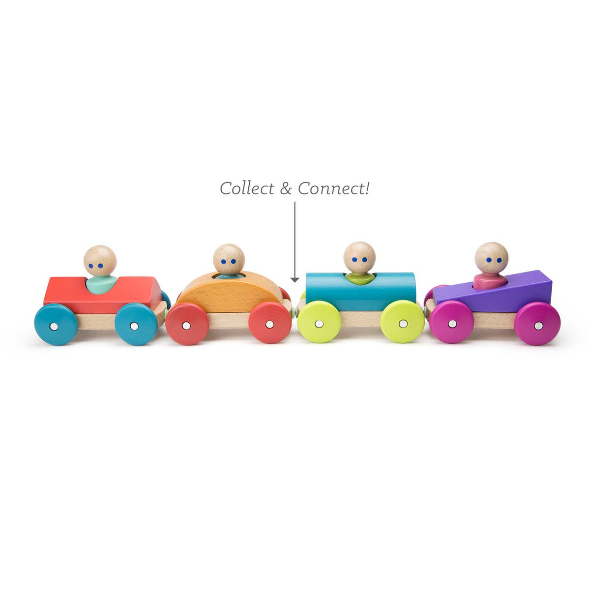 Colorful wooden toy train with four cars on a white background