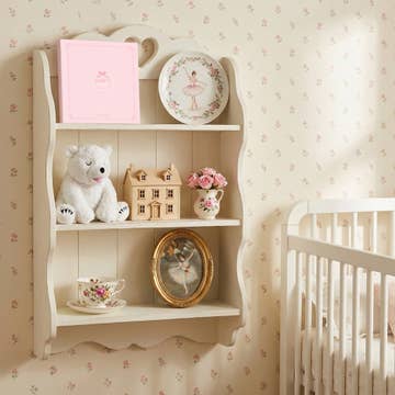 Nursery room with a shelf displaying toys and decor, and a crib in the corner.
