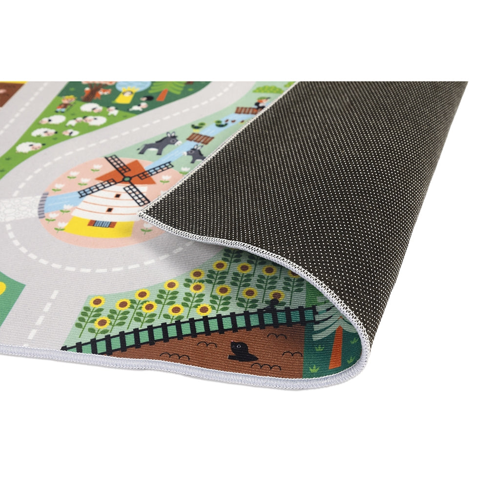 Children's play mat with colorful designs on a white background