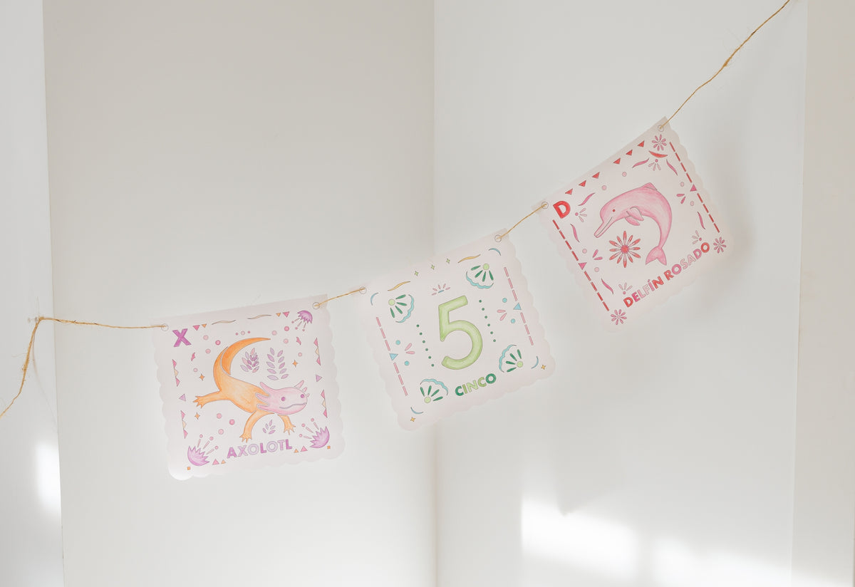 Three decorative square pennants strung along a thin cord, hanging against a white wall. The center pennant reads “5 Cinco” with green and orange lettering, while the side pennants feature pink and orange illustrations with Spanish text.