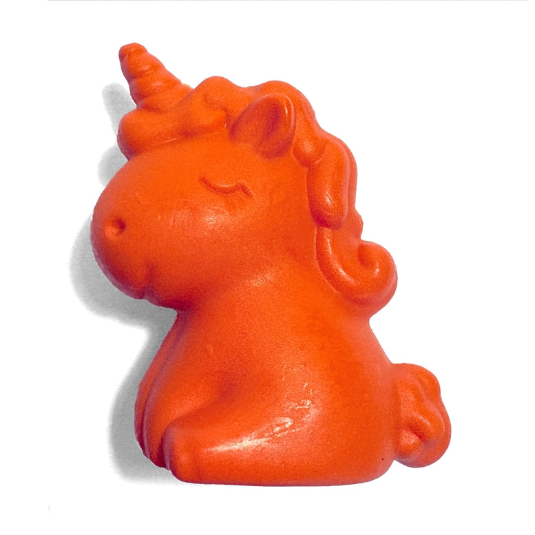 An orange sitting unicorn figurine with a closed eye and a spiral horn, shown on a plain white background with a soft shadow.