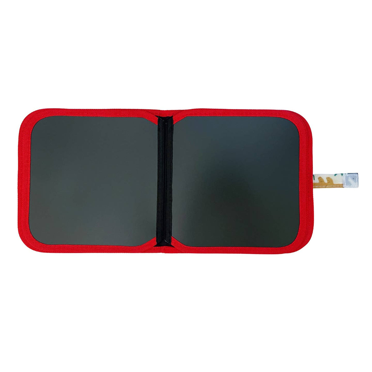 Red-framed sunglasses with a white background