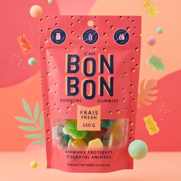 Pink 'c'est Bon Bon' gummy bears packaging on a colorful background