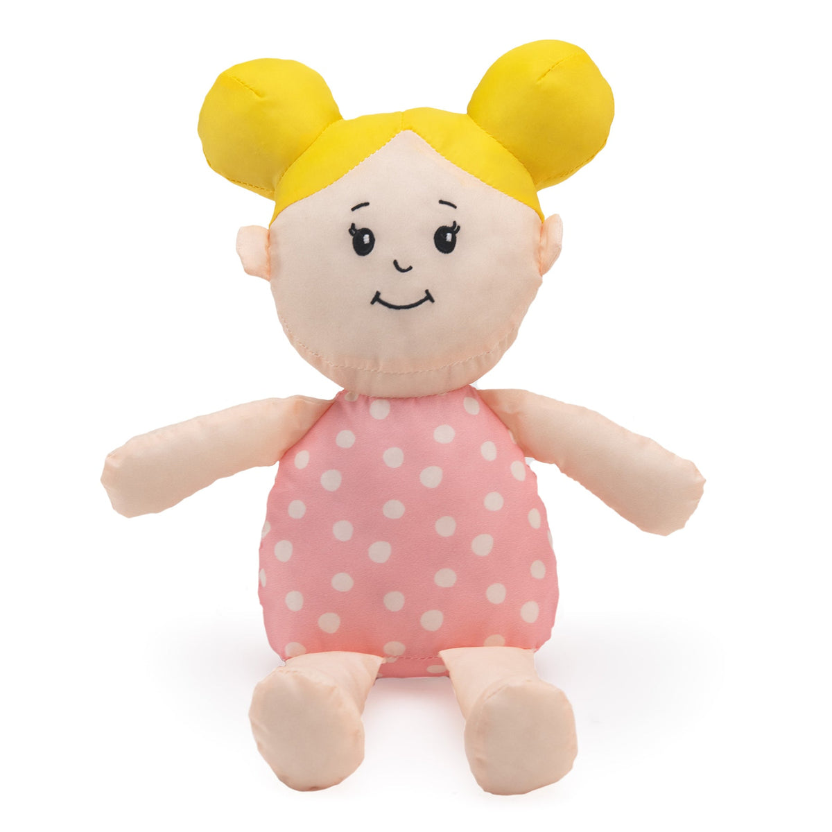 A soft plush doll with bright yellow hair styled in two buns, an embroidered face, and a pink polka-dot outfit, sitting against a white background.