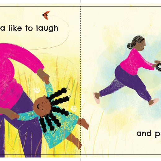 Illustration of a grandmother and child playing with a toy car on a colorful background.