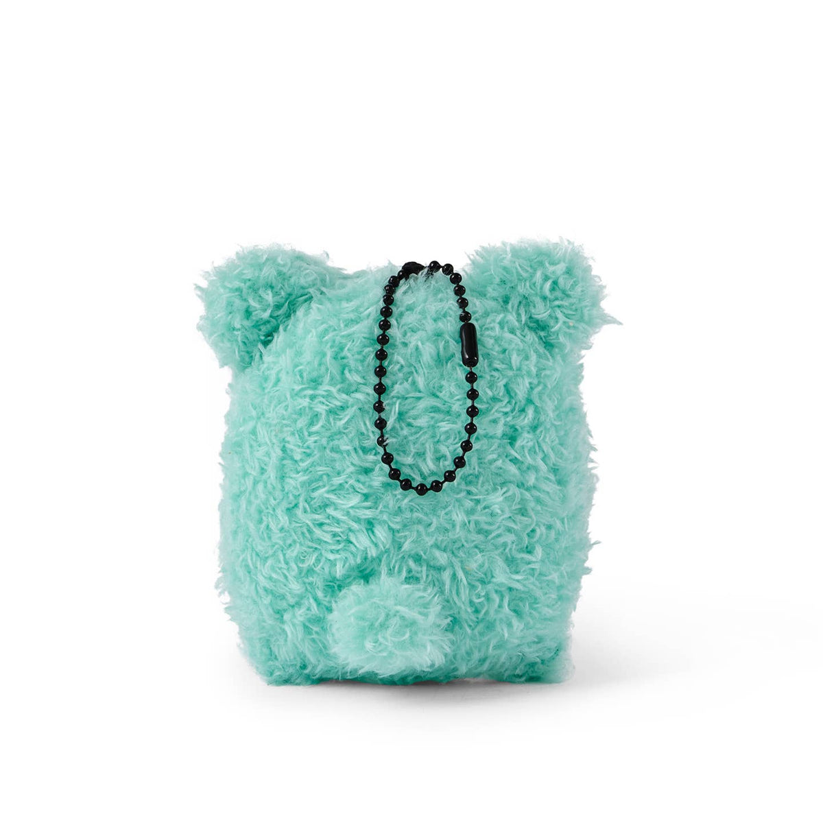 Turquoise fuzzy bag with a black beaded handle on a white background