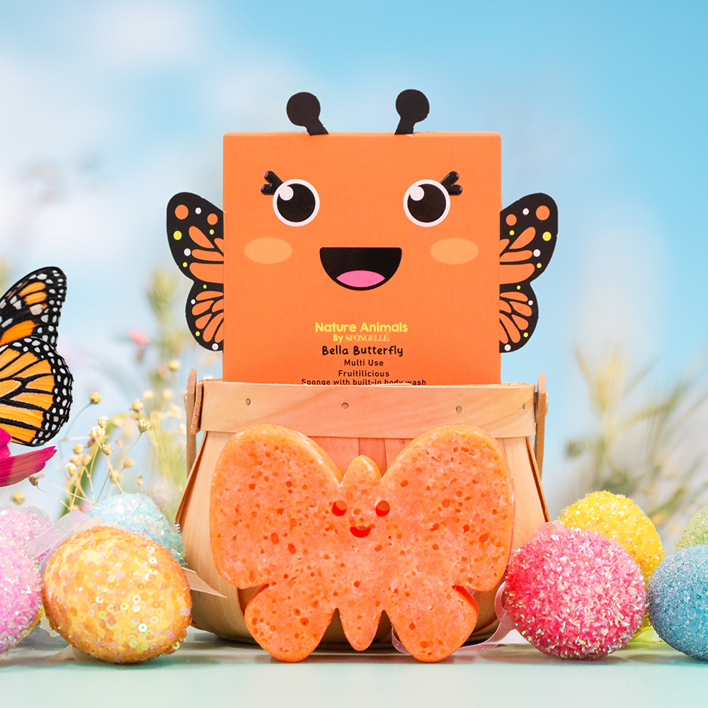 Butterfly-themed product with a sponge and packaging on a colorful background